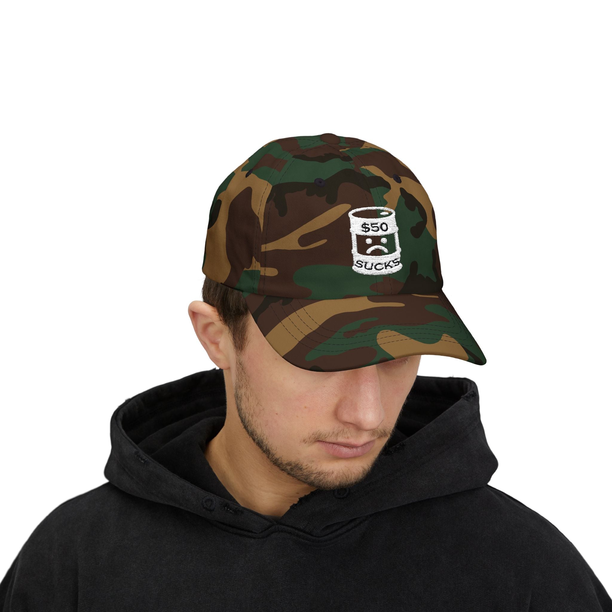 $50 Oil Classic Dad Cap - Vintage Style Adjustable White Hat