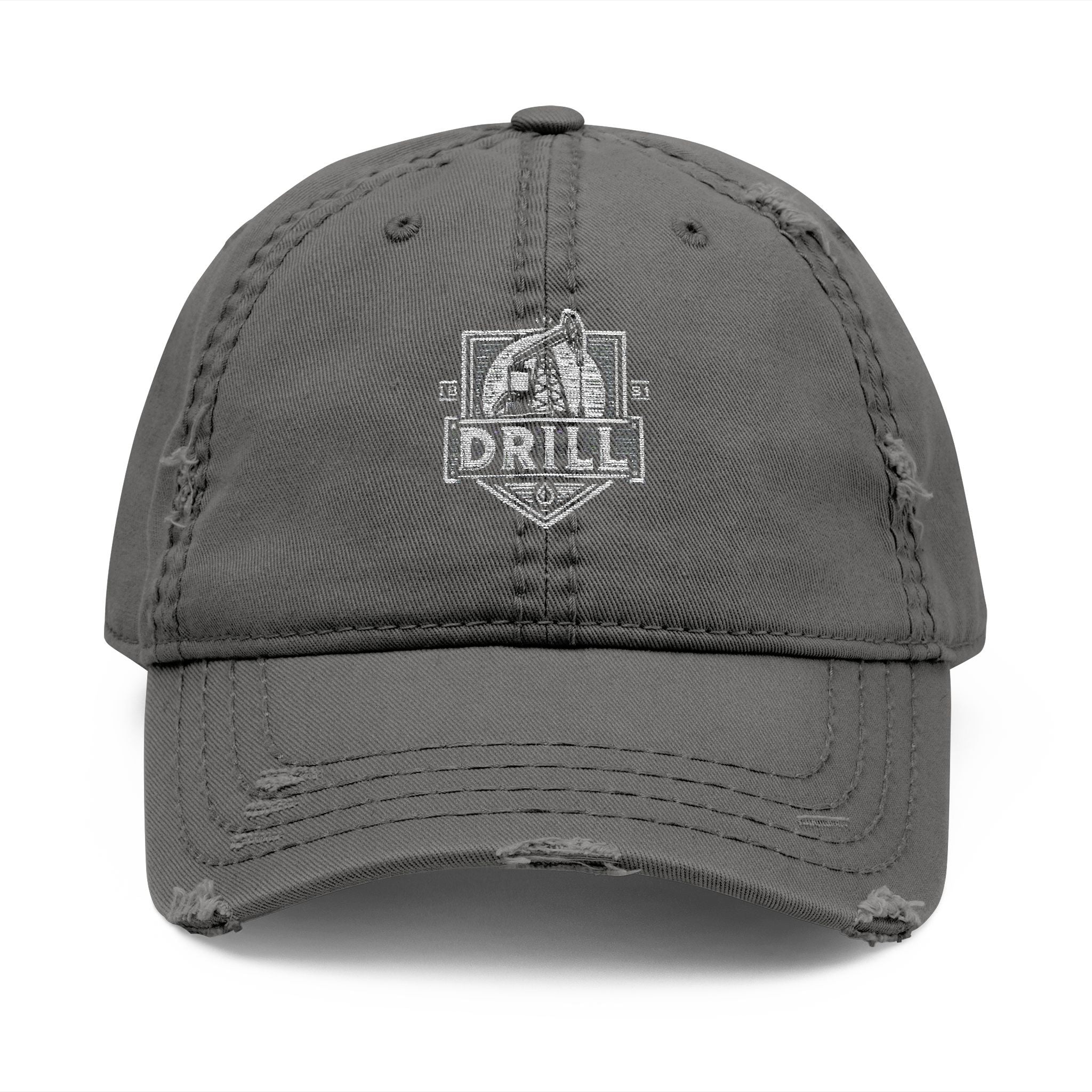 Distressed Dad Hat with 'DRILL Shield' Embroidery - Casual Style