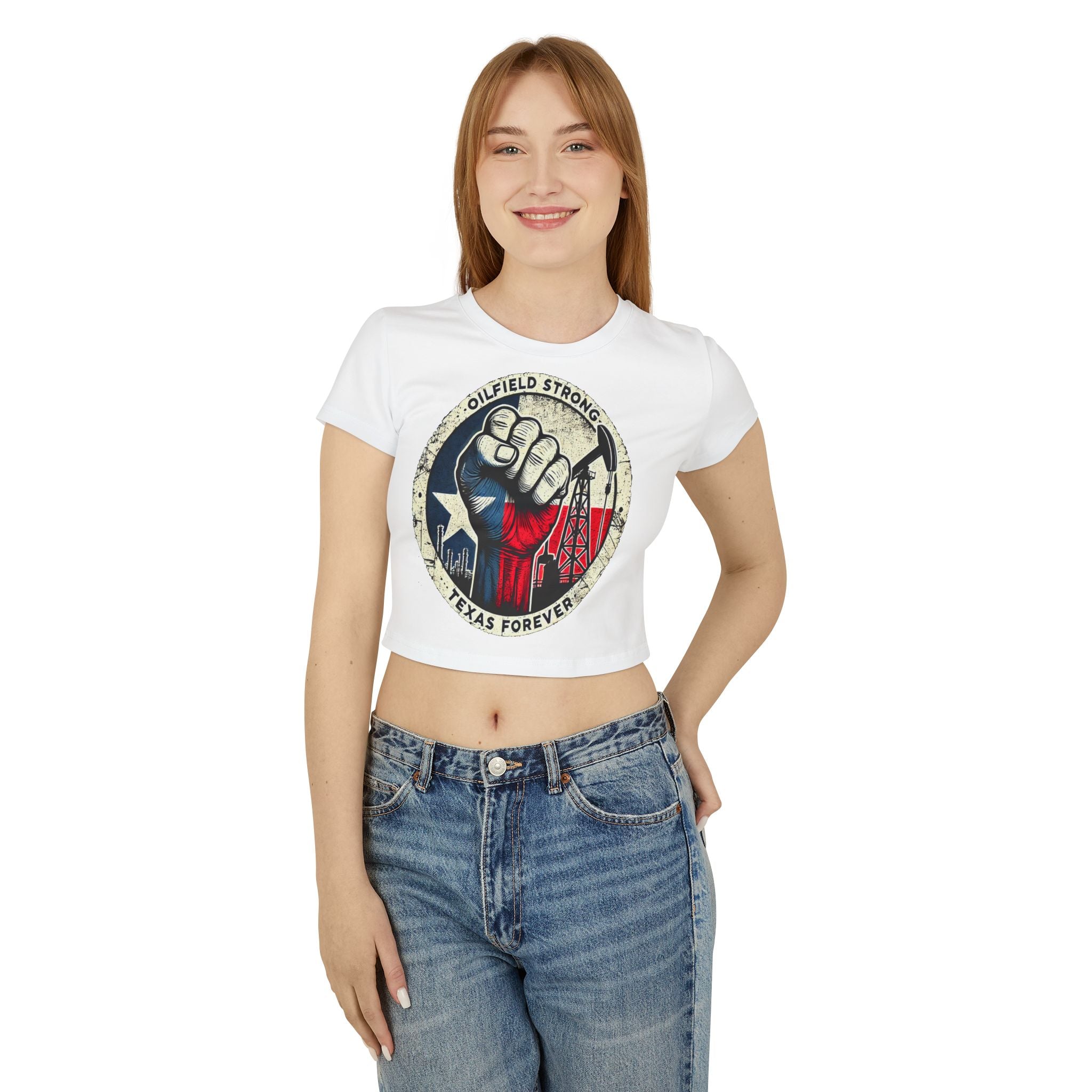 Oilfield Strong Women's Baby Tee - Texas Forever Design