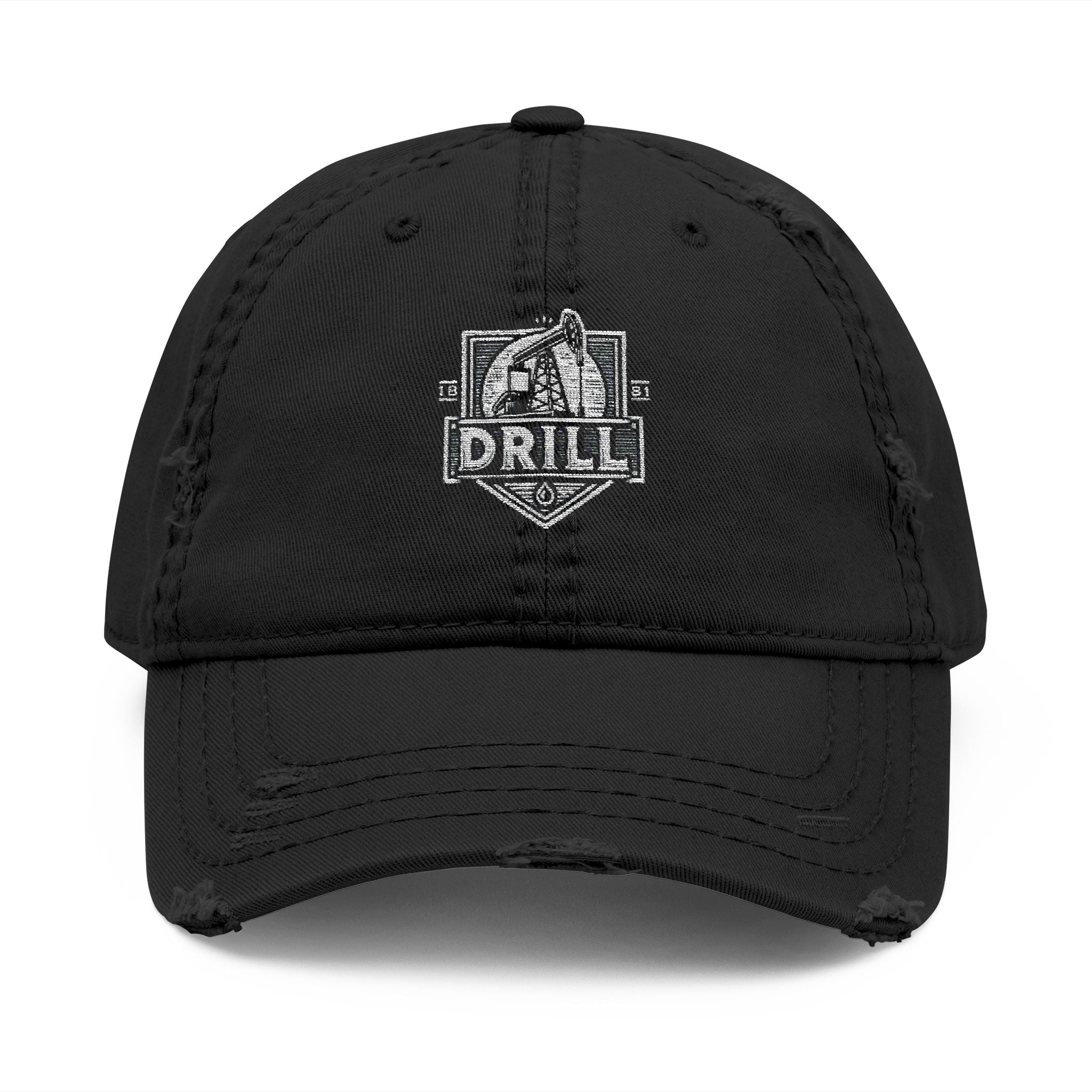 Distressed Dad Hat with 'DRILL Shield' Embroidery - Casual Style