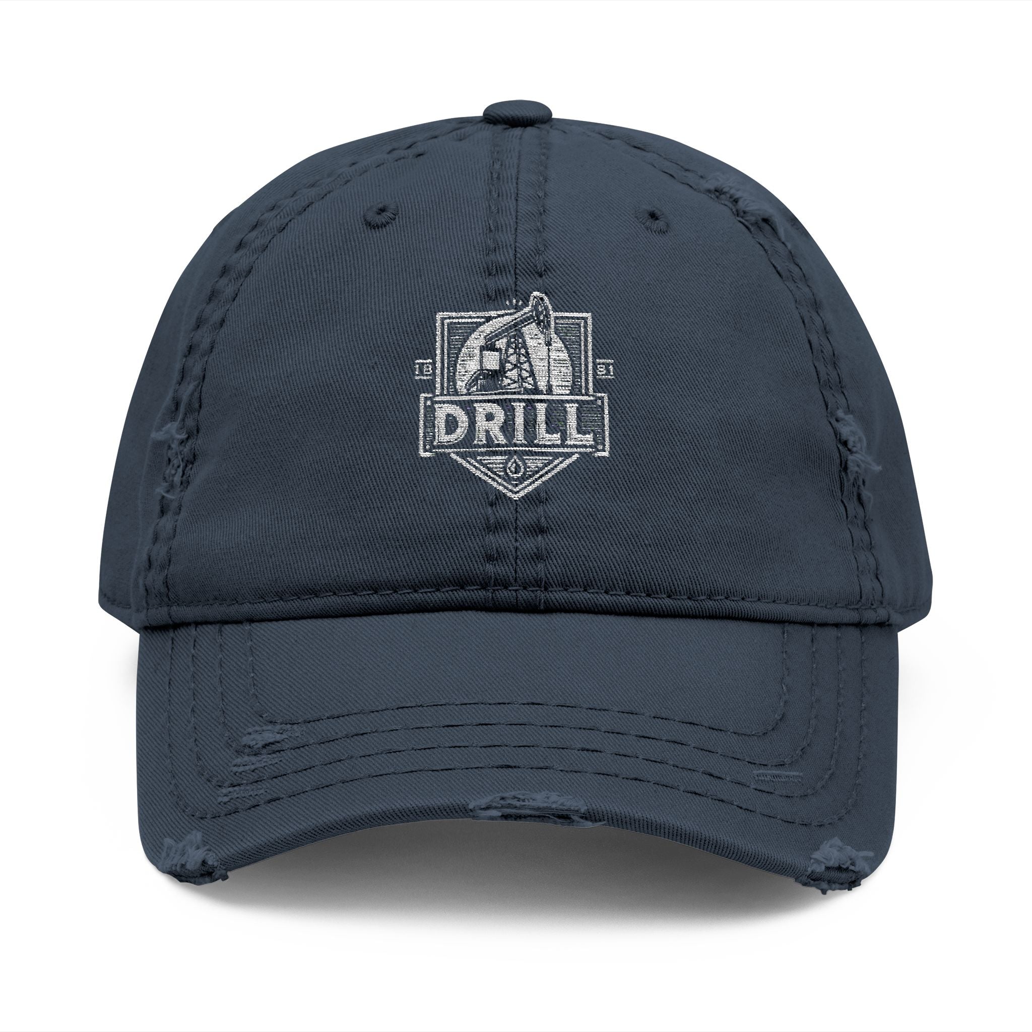 Distressed Dad Hat with 'DRILL Shield' Embroidery - Casual Style