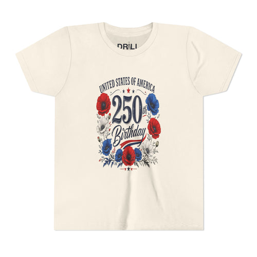 250 Birthday Flower Youth  Kids Tee – United States 1776–2026 Patriotic Design