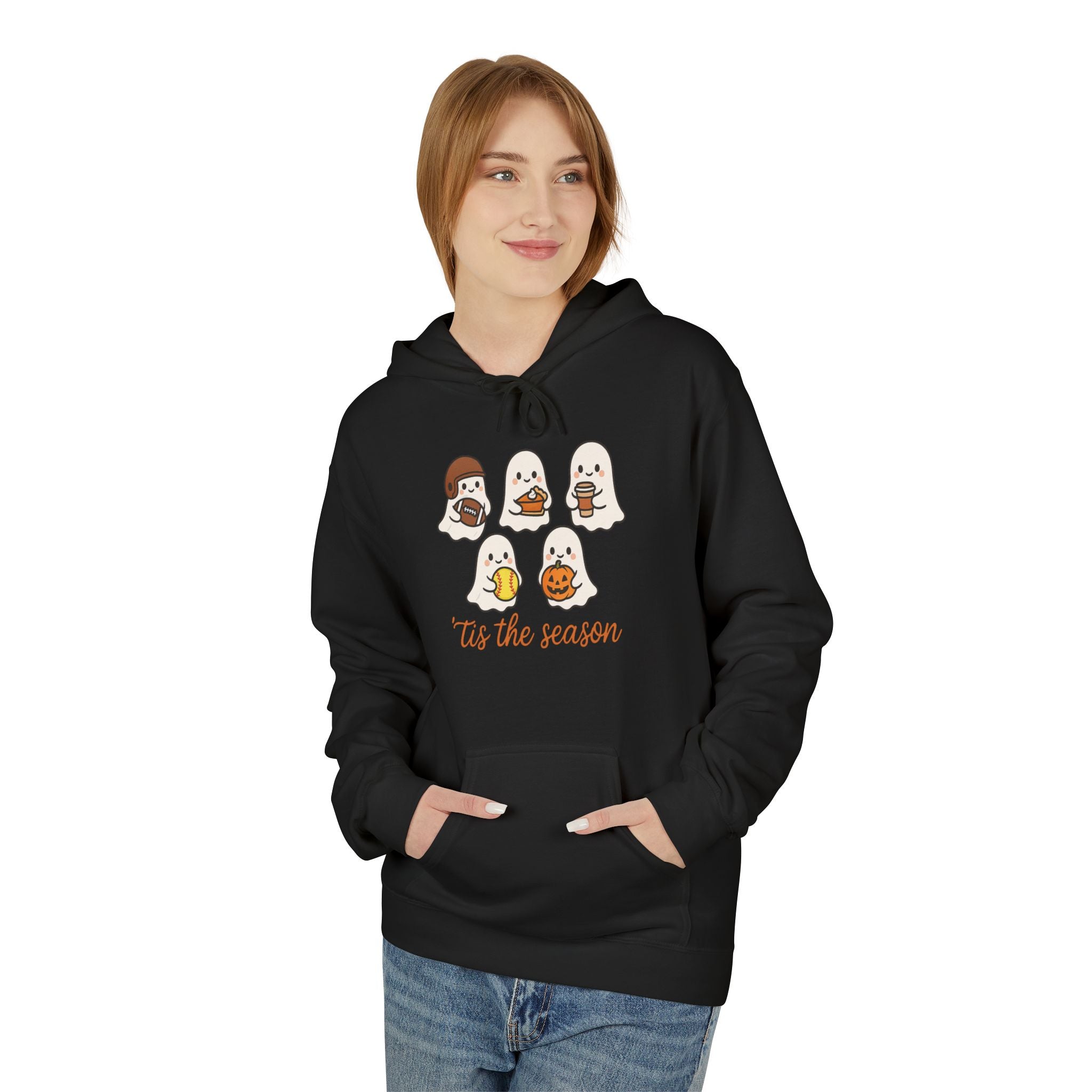 Tis the Season, Cute Ghosts Holiday Hoodie, Cozy Fleece Sweater for Halloween, Fall Festivity Clothing, Unisex Pullover