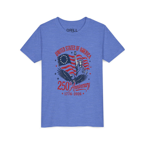 250th Anniversary Youth  Kids Tee – United States 1776–2026 Patriotic Flag & Statue Design