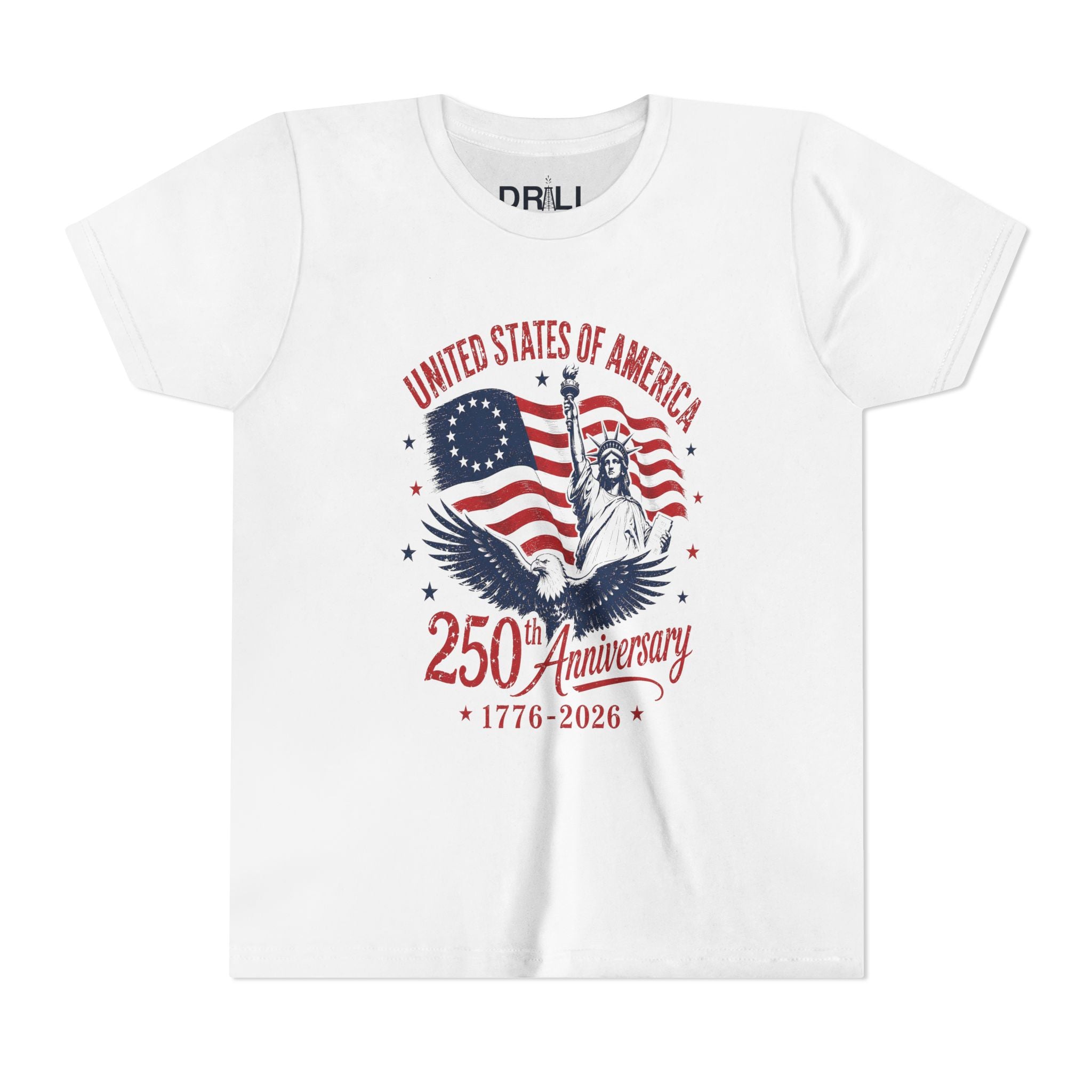250th Anniversary Youth  Kids Tee – United States 1776–2026 Patriotic Flag & Statue Design