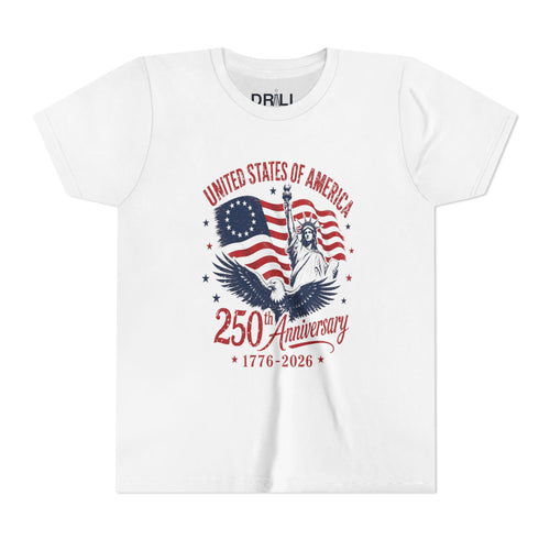 250th Anniversary Youth  Kids Tee – United States 1776–2026 Patriotic Flag & Statue Design