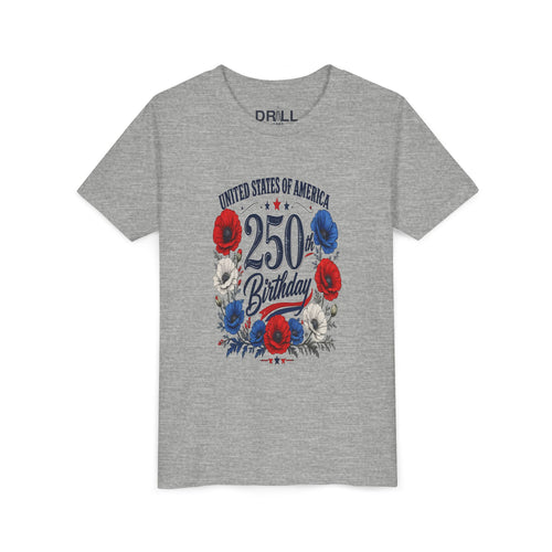 250 Birthday Flower Youth  Kids Tee – United States 1776–2026 Patriotic Design