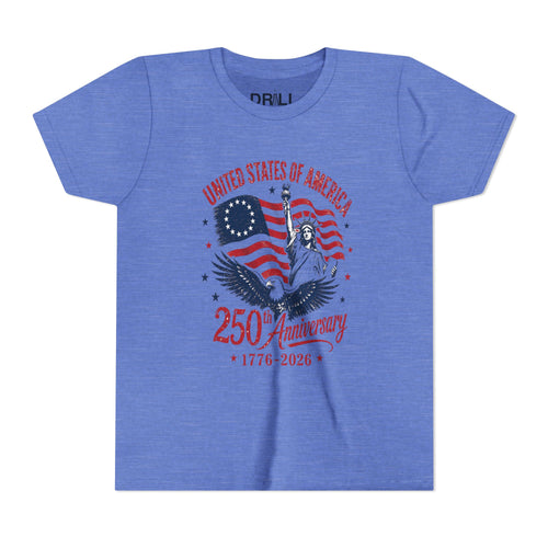 250th Anniversary Youth  Kids Tee – United States 1776–2026 Patriotic Flag & Statue Design