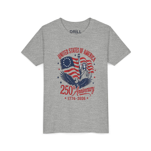 250th Anniversary Youth  Kids Tee – United States 1776–2026 Patriotic Flag & Statue Design