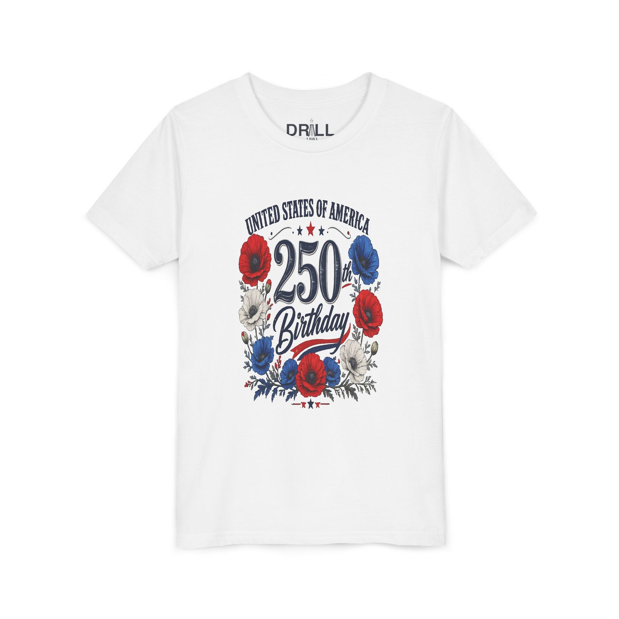 250 Birthday Flower Youth  Kids Tee – United States 1776–2026 Patriotic Design