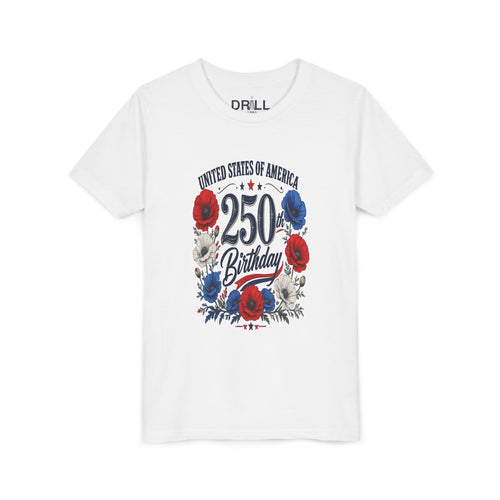 250 Birthday Flower Youth  Kids Tee – United States 1776–2026 Patriotic Design