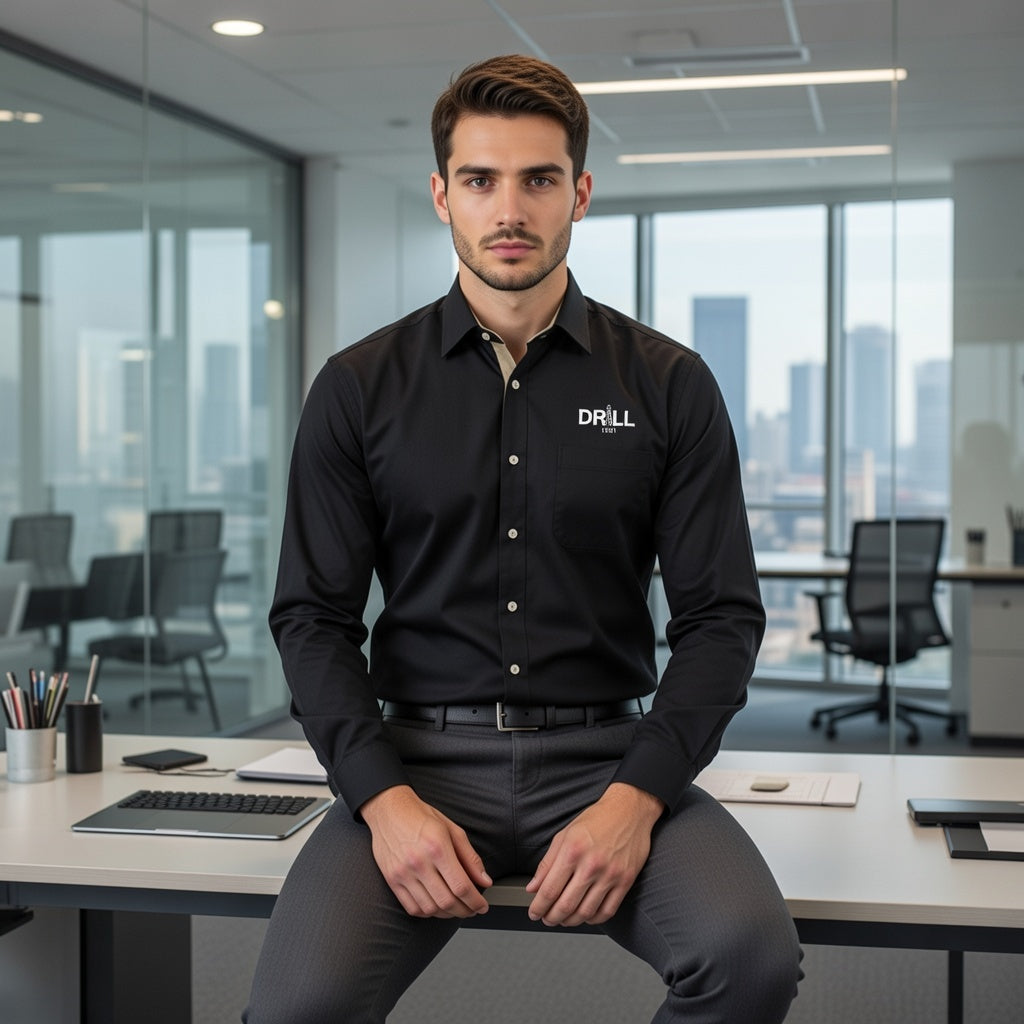 Embroidered 'DRILL' Work Shirt — Long Sleeve Button-Up