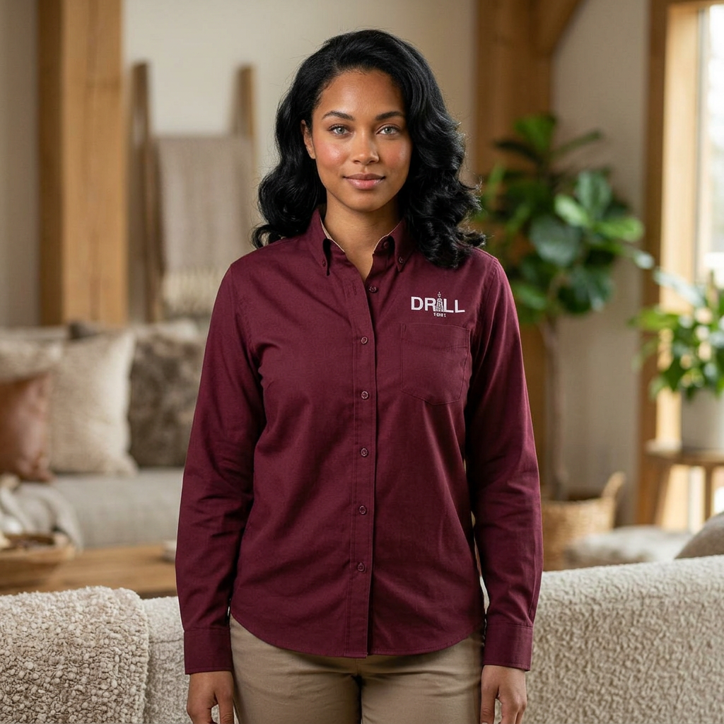 Embroidered 'DRILL' Work Shirt — Long Sleeve Button-Up