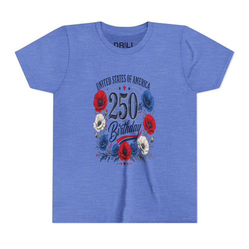 250 Birthday Flower Youth  Kids Tee – United States 1776–2026 Patriotic Design