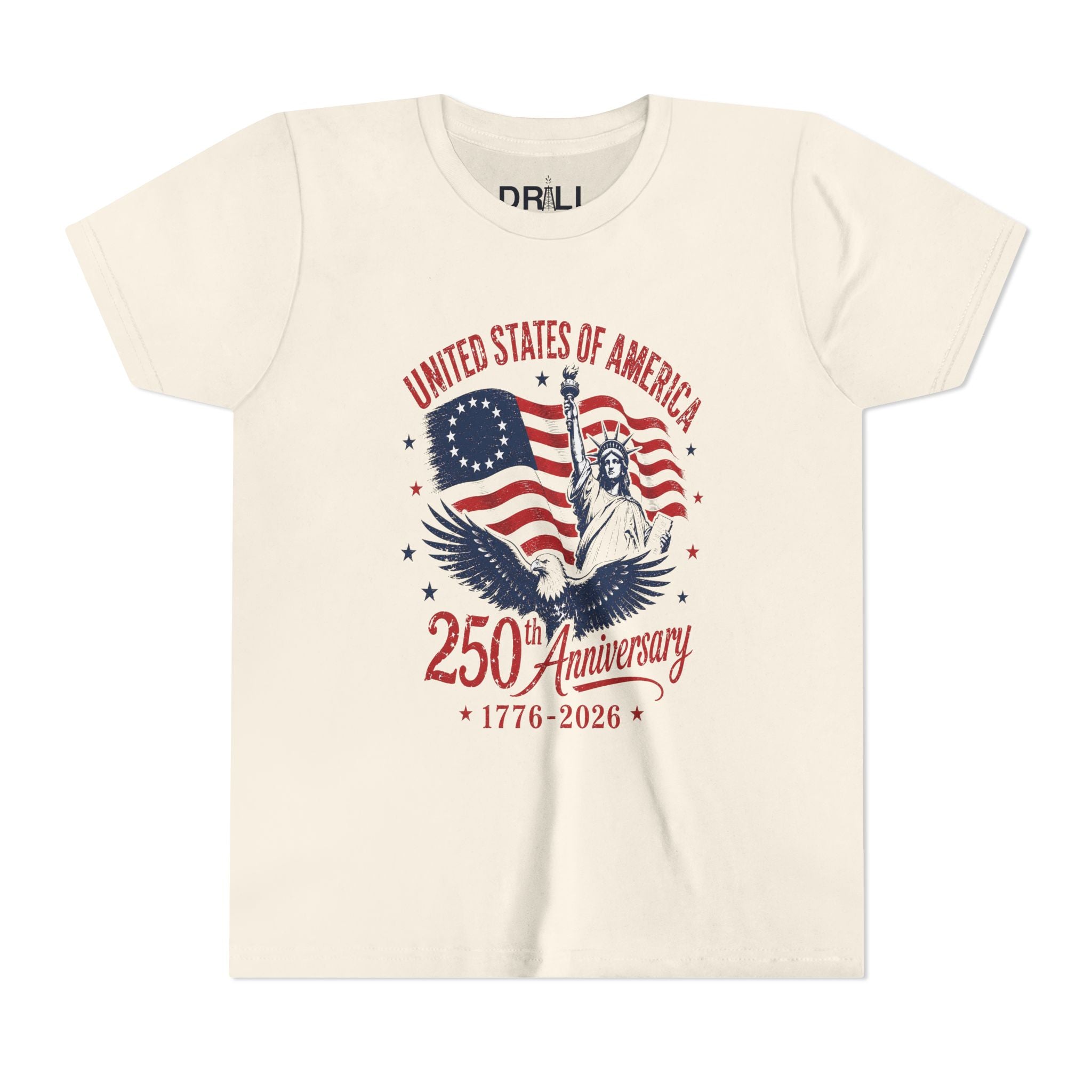 250th Anniversary Youth  Kids Tee – United States 1776–2026 Patriotic Flag & Statue Design