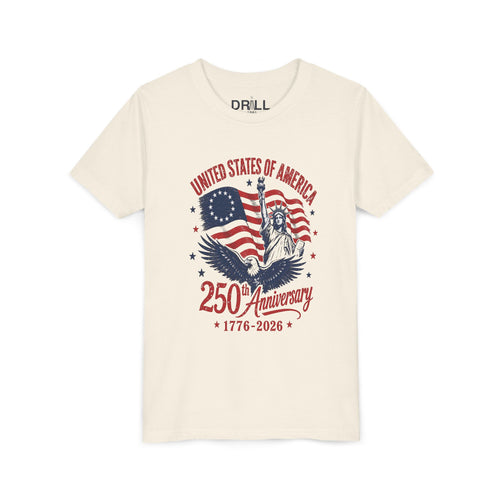 250th Anniversary Youth  Kids Tee – United States 1776–2026 Patriotic Flag & Statue Design
