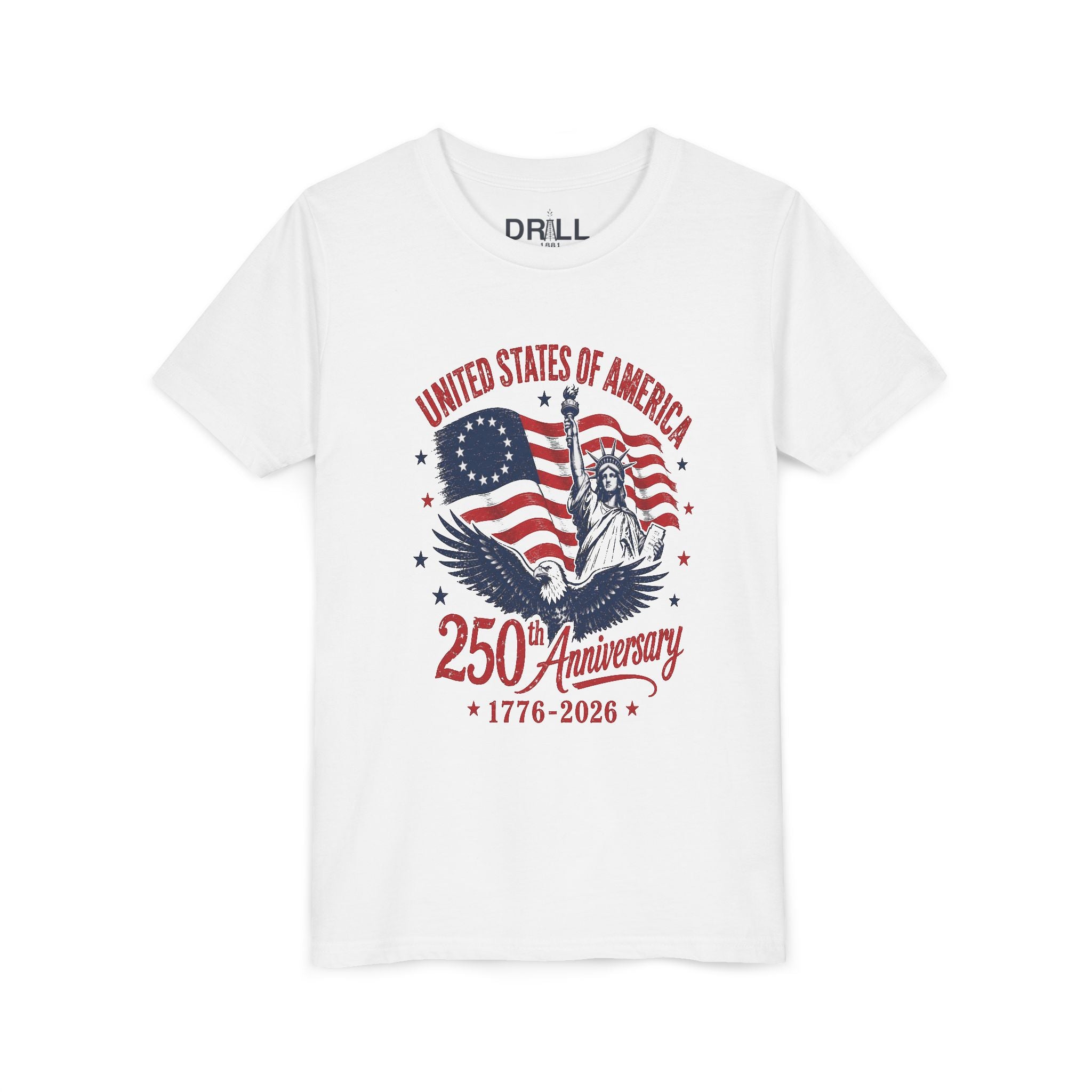 250th Anniversary Youth  Kids Tee – United States 1776–2026 Patriotic Flag & Statue Design