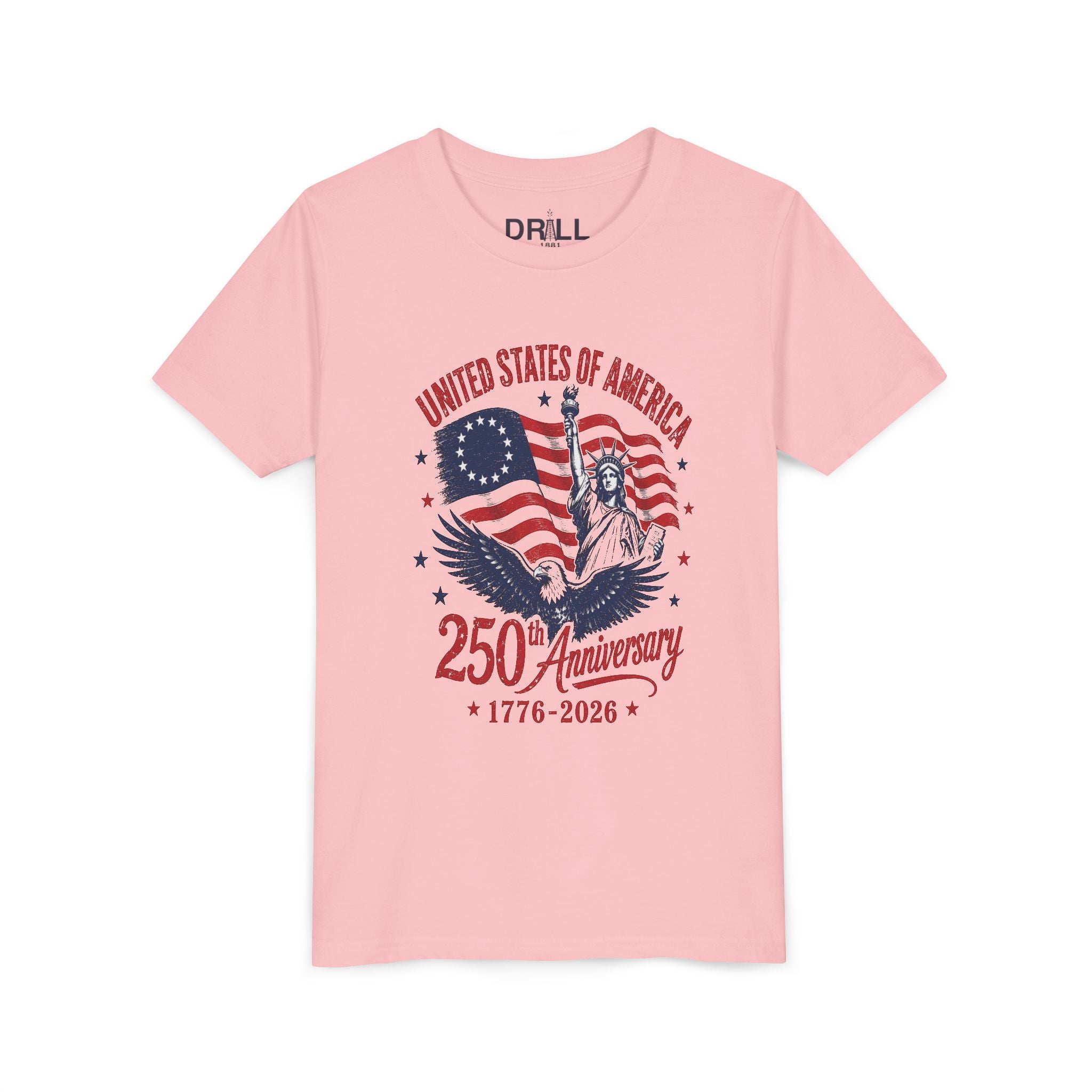 250th Anniversary Youth  Kids Tee – United States 1776–2026 Patriotic Flag & Statue Design