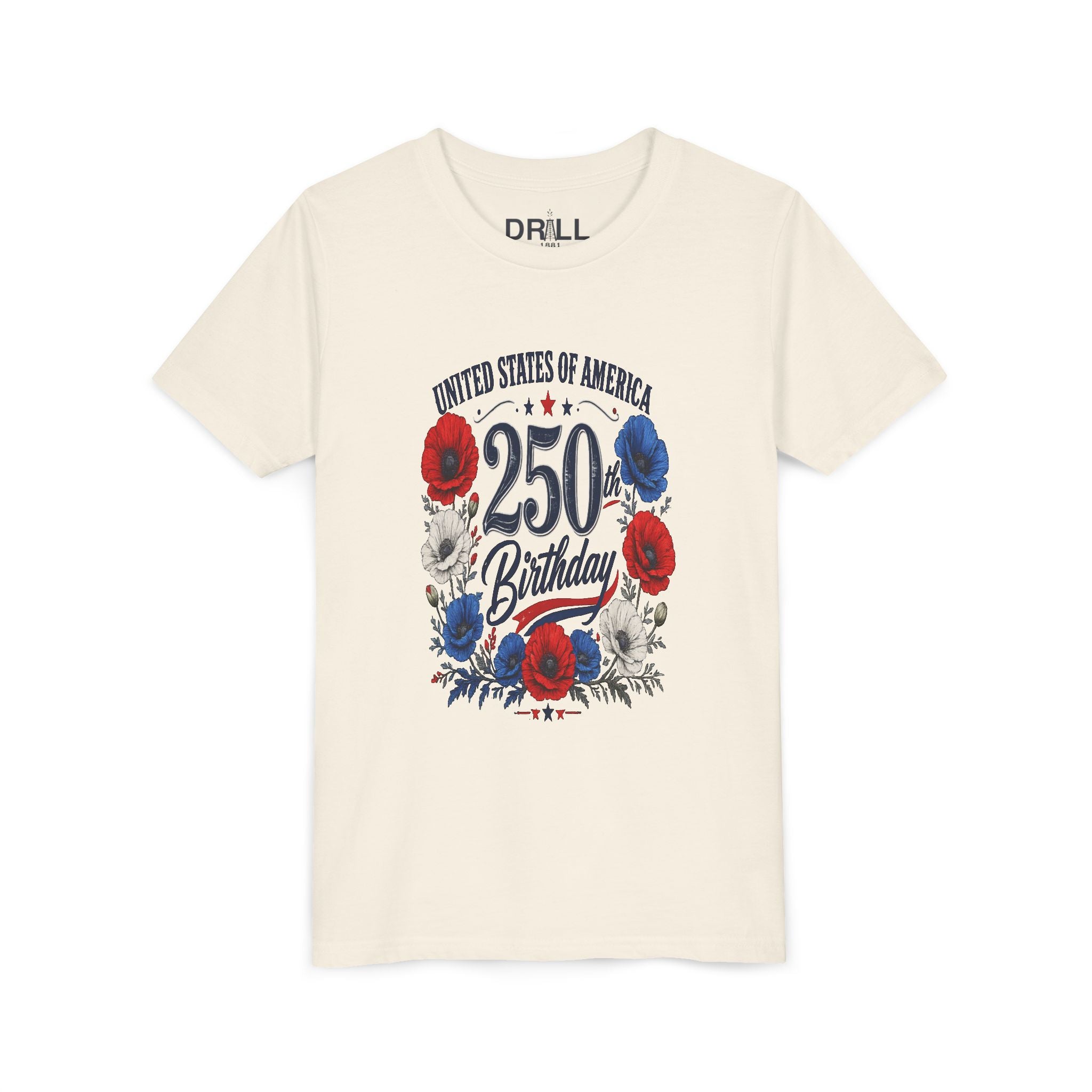 250 Birthday Flower Youth  Kids Tee – United States 1776–2026 Patriotic Design