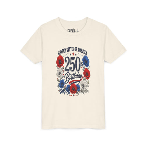 250 Birthday Flower Youth  Kids Tee – United States 1776–2026 Patriotic Design
