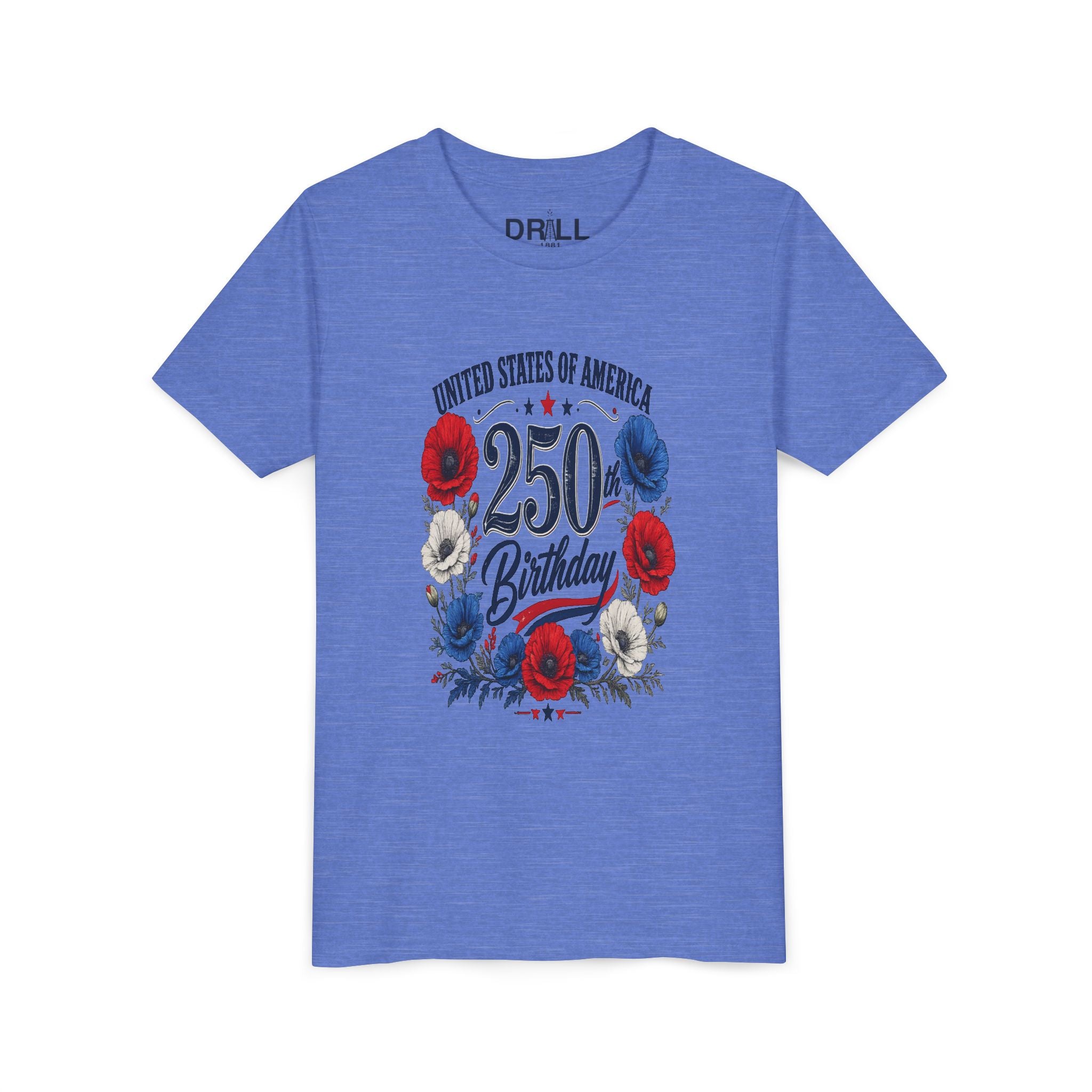 250 Birthday Flower Youth  Kids Tee – United States 1776–2026 Patriotic Design