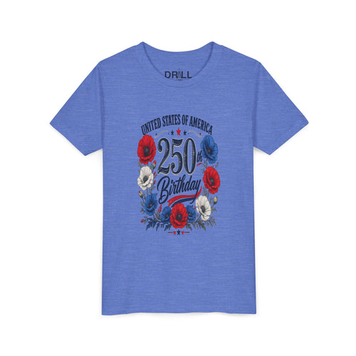 250 Birthday Flower Youth  Kids Tee – United States 1776–2026 Patriotic Design