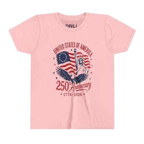 250th Anniversary Youth  Kids Tee – United States 1776–2026 Patriotic Flag & Statue Design