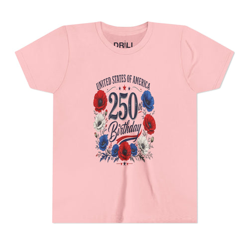 250 Birthday Flower Youth  Kids Tee – United States 1776–2026 Patriotic Design
