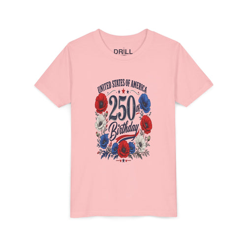 250 Birthday Flower Youth  Kids Tee – United States 1776–2026 Patriotic Design