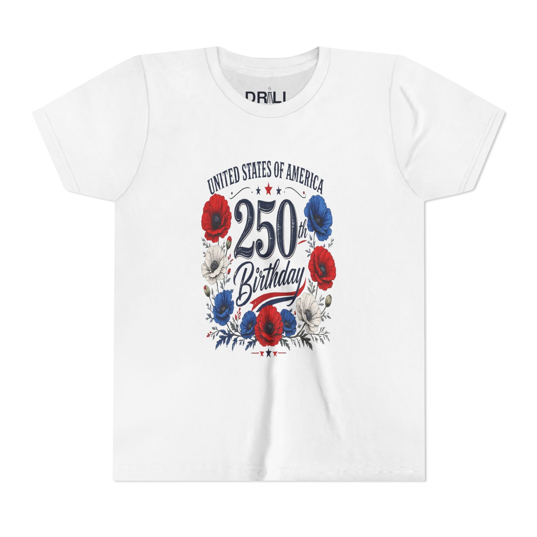 250 Birthday Flower Youth  Kids Tee – United States 1776–2026 Patriotic Design