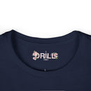 Navy blue shirt with 'DRILL 1881' logo featuring floral designs on a white background