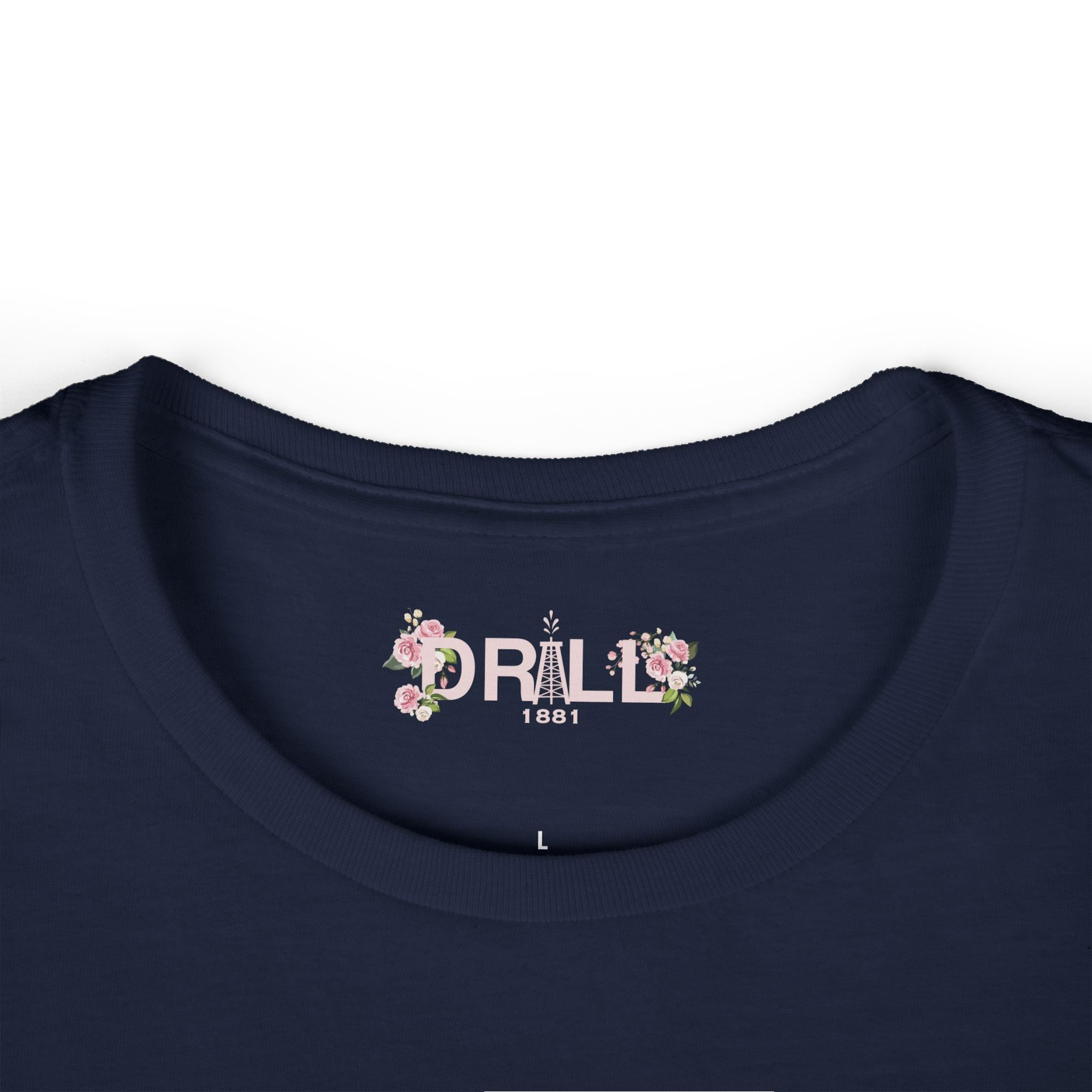 Navy blue shirt with 'DRILL 1881' logo featuring floral designs on a white background