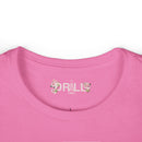 Close-up of a pink shirt with a logo on the collar womens