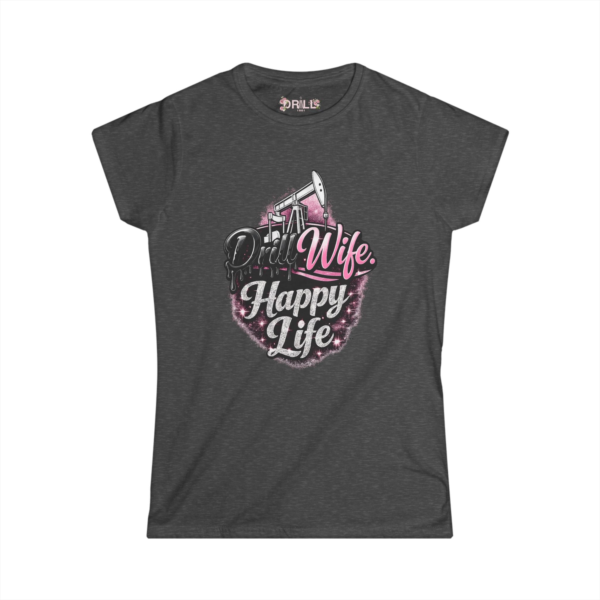 Dark gray t-shirt with pink and white graphic design on a white background