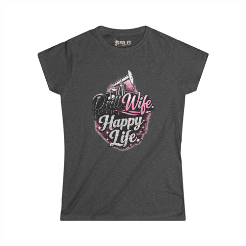 Dark gray t-shirt with pink and white graphic design on a white background