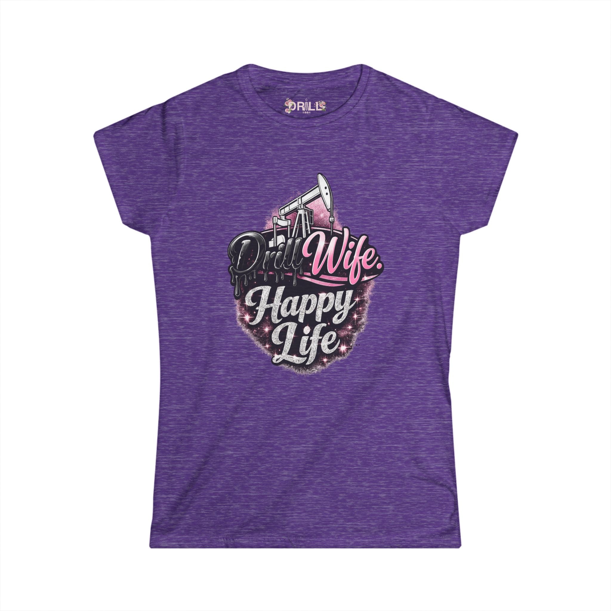 Purple t-shirt with 'Drill Wife Happy Life' graphic design on a white background