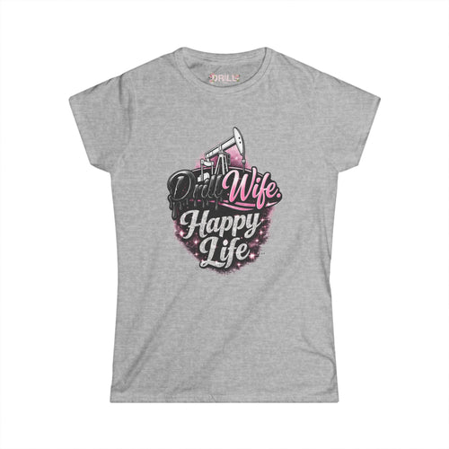 Gray t-shirt with 'Dad Wife Happy Life' graphic design on a white background