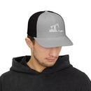 Man wearing a black and gray cap with 'GET M' offroad' text on a white background