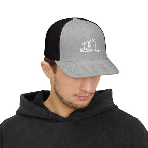 Man wearing a black and gray cap with 'GET M' offroad' text on a white background
