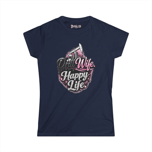 Navy blue t-shirt with 'Dill Wife Happy Life' graphic design on a white background